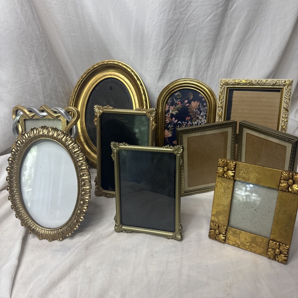 Vintage Picture Frame Lot Brass Gold Tone MCM Double Fold Ornate Oval Hollywood